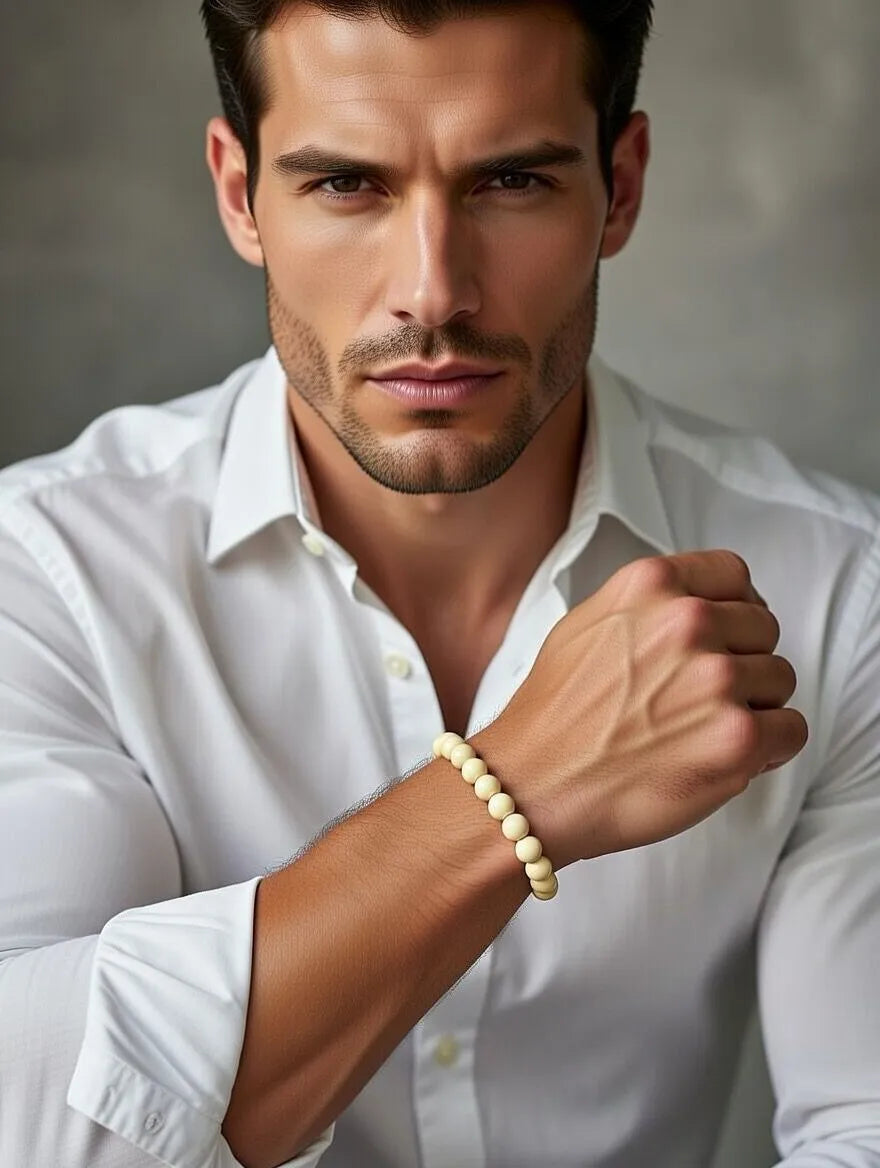 Unisex stretch bracelet featuring smooth cream-colored round beads