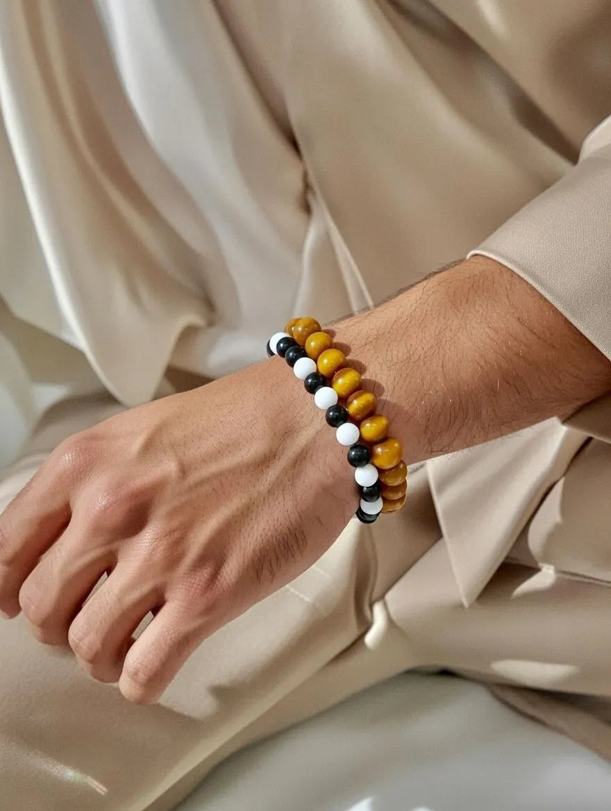 Unisex Natural Brown Wood Beaded Stretch Bracelet for Men and Women