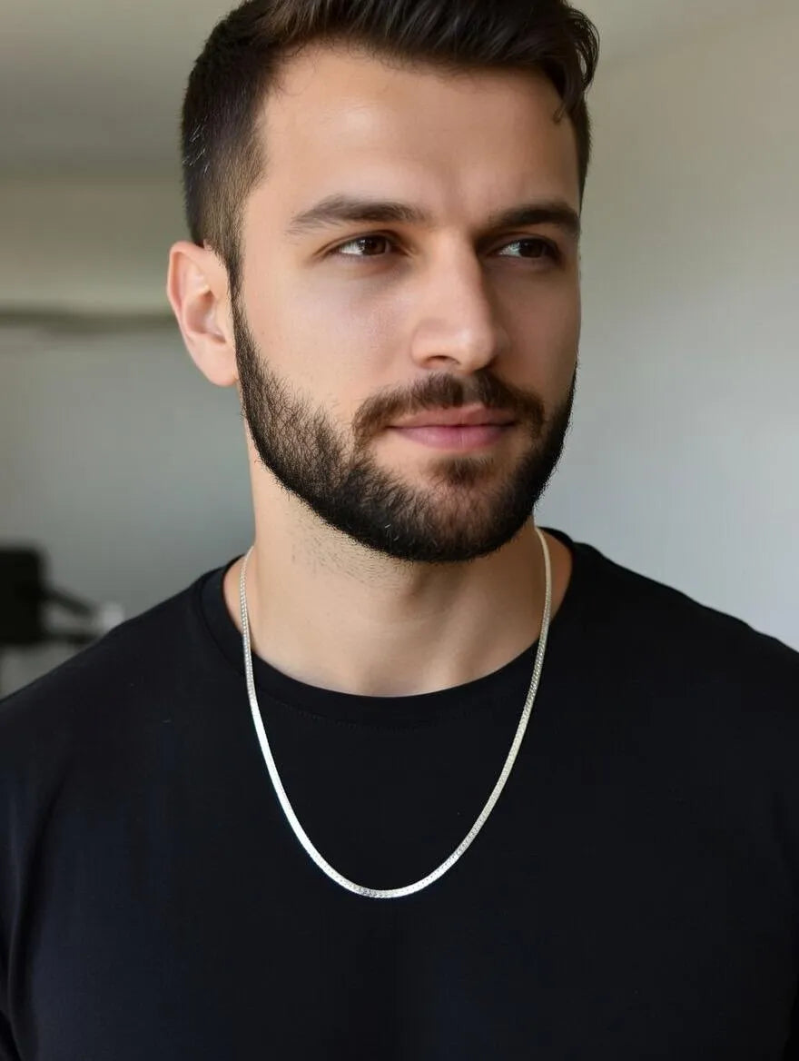 Men's Silver Stainless Steel Flat Herringbone Chain Necklace