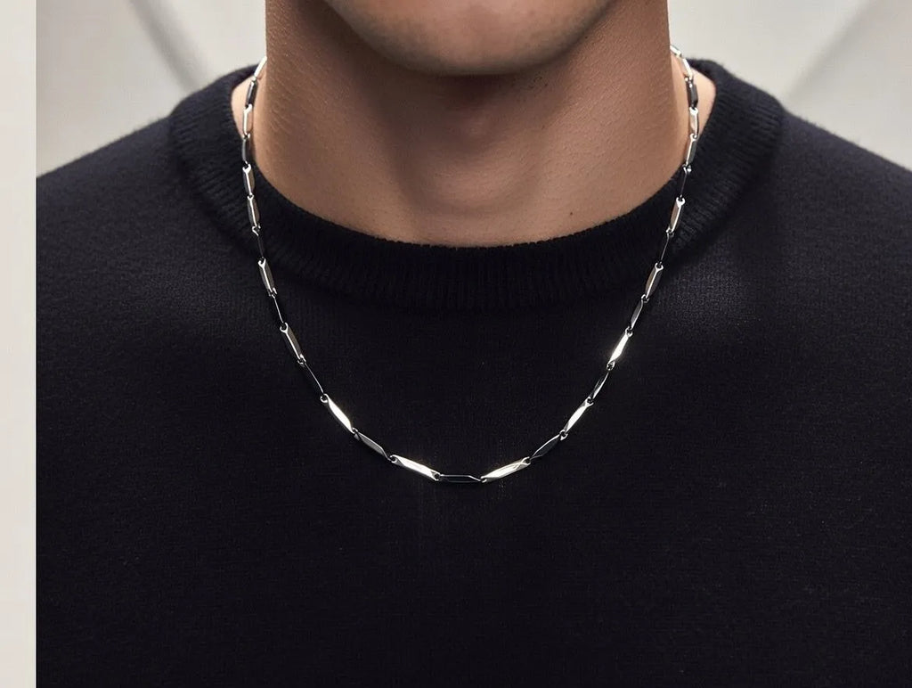 Men's Black and Silver Bar Link Stainless Steel Necklace