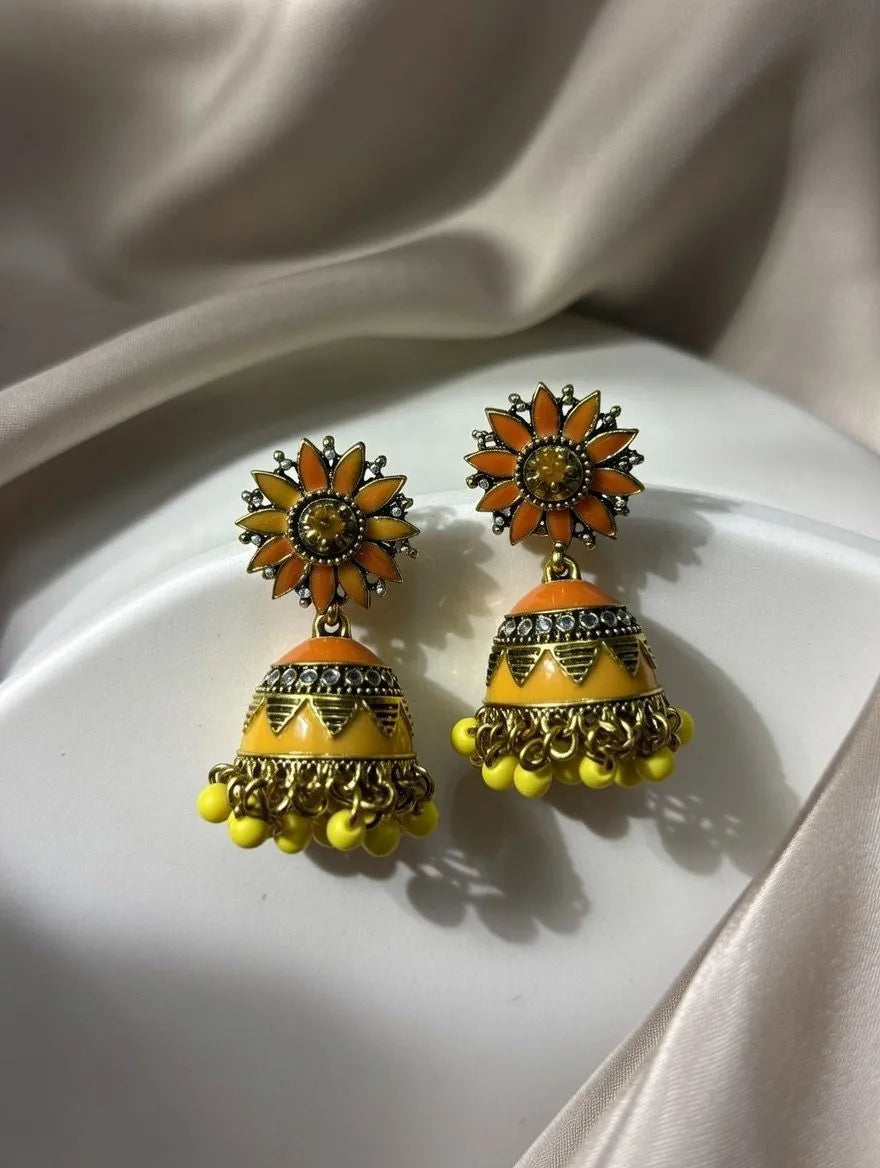 Yellow and orange enamel sunflower jhumki style earrings for women - Traditional Pakistani Jhumkay Lahore Karachi