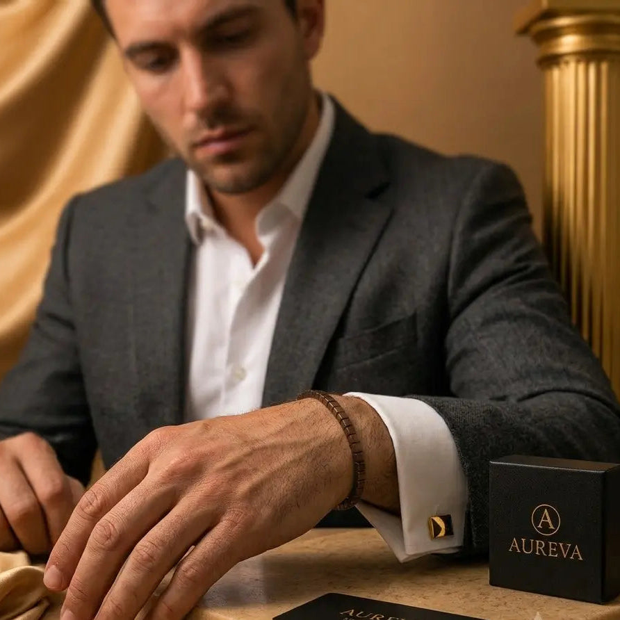 A man in a gray suit and white dress shirt sits at a table, wearing a gold ring and a brown cufflink. On the table are a black AUREVA box, a black card, and draped champagne-colored fabric.