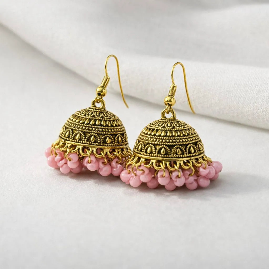 Aureva traditional gold plated jhumki earrings for women Pakistan - Antique beaded jhumkas in pink and black variants