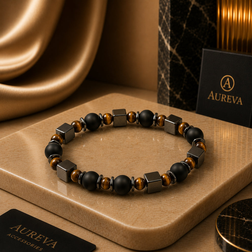 A beaded stretch bracelet by Aureva, featuring matte black beads, metallic silver cube beads, and brown tiger's eye round beads, displayed on a tan marble block with brand cards.