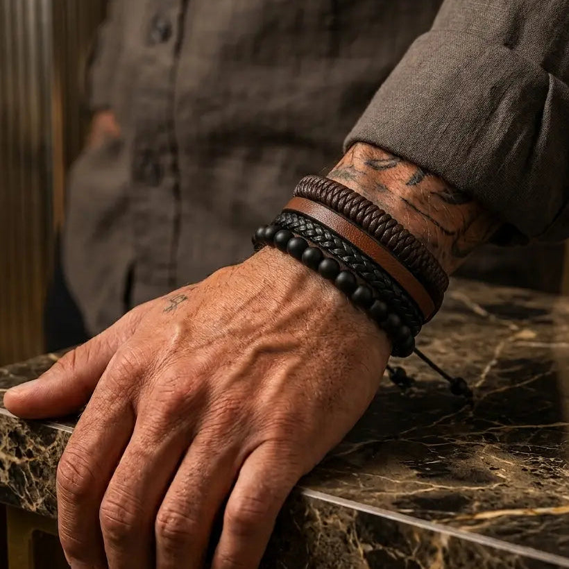 A close-up of a person's tattooed hand resting on a dark marble countertop, wearing multiple black leather and beaded bracelets.