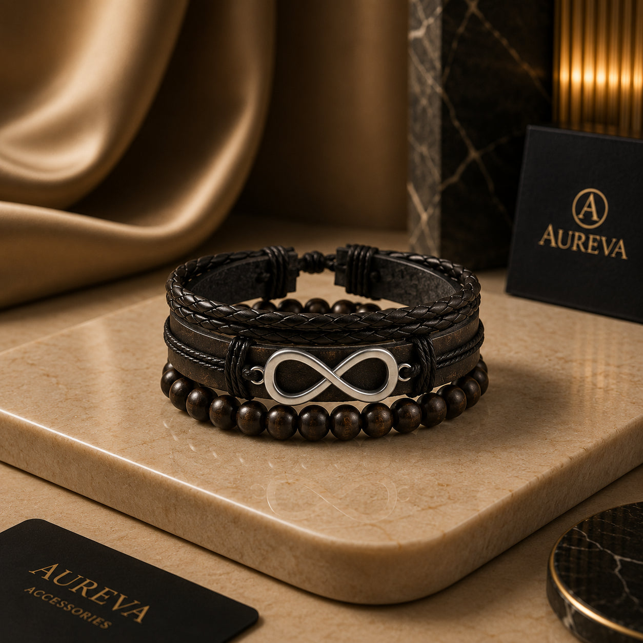 Men's Leather Infinity Charm Multilayer Stacked Bracelet Set in Black and Gold
