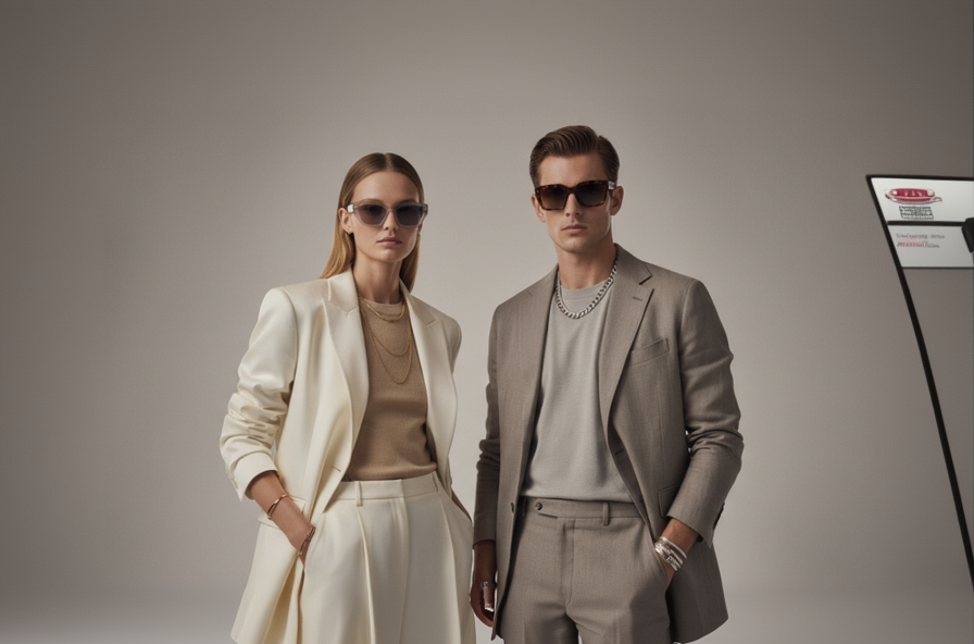 High-end fashion hero image for a modern landing page.
Two stylish models — one male and one female — standing confidently together.
Both models are well dressed in contemporary, minimalist outfits with neutral tones.
Wearing trending, stylish accessories (neck chains, bracelets, rings, earrings, sunglasses).
Premium fashion-forward aesthetic with a clean, elegant look.
Professional studio-grade lighting with soft shadows and realistic highlights.
Ultra-realistic skin, fabric, and metal textures.
Shallow de