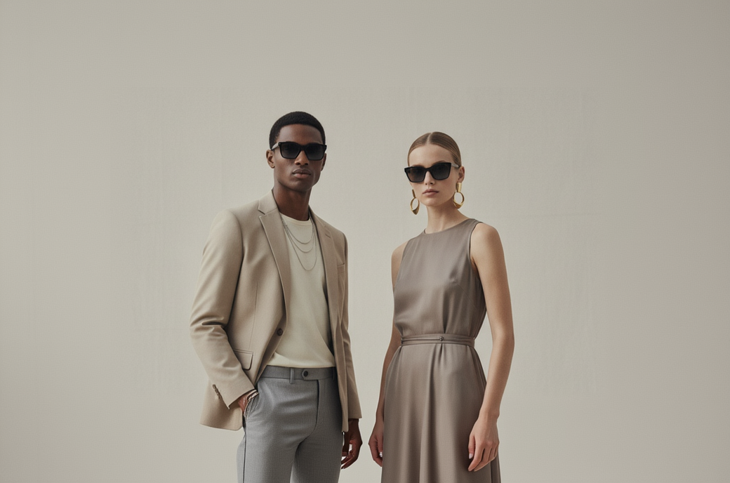High-end fashion hero image for a modern landing page.
Two stylish models — one male and one female — standing confidently together.
Both models are well dressed in contemporary, minimalist outfits with neutral tones.
Wearing trending, stylish accessories (neck chains, bracelets, rings, earrings, sunglasses).
Premium fashion-forward aesthetic with a clean, elegant look.
Professional studio-grade lighting with soft shadows and realistic highlights.
Ultra-realistic skin, fabric, and metal textures.
Shallow de