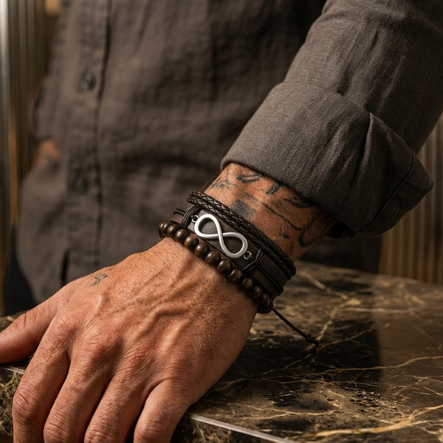 A close-up of a person's tattooed hand resting on a dark marble table while wearing a stack of dark brown leather bracelets, including a beaded bracelet and a black cord bracelet with a silver infinity symbol.