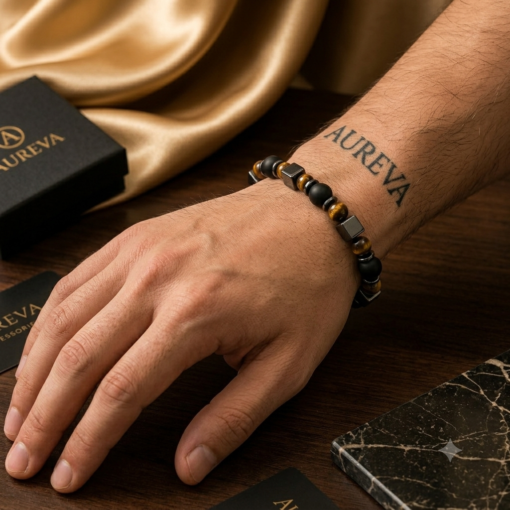 A close-up of a man's hand and wrist wearing a beaded bracelet with black, dark gray, and gold-toned beads. The brand name 'AUREVA' is visible on the wrist tattoo and on the black presentation box in the background, set against a dark wood table with a gold satin cloth.